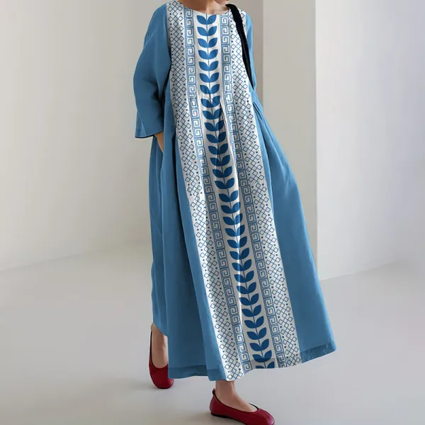 Greek Key And Floral Print Crew Neck Loose Midi Dress