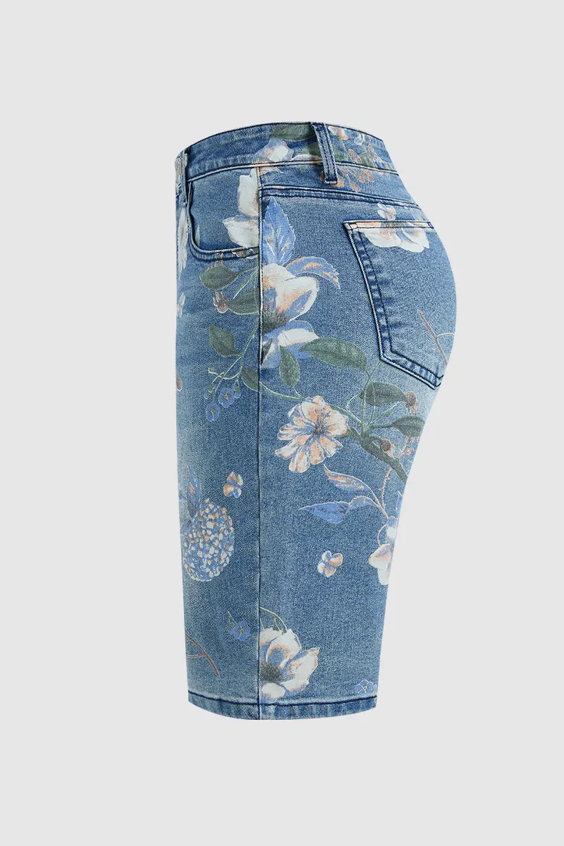 Floral Print High Rise Straight Leg Denim Bermuda Shorts