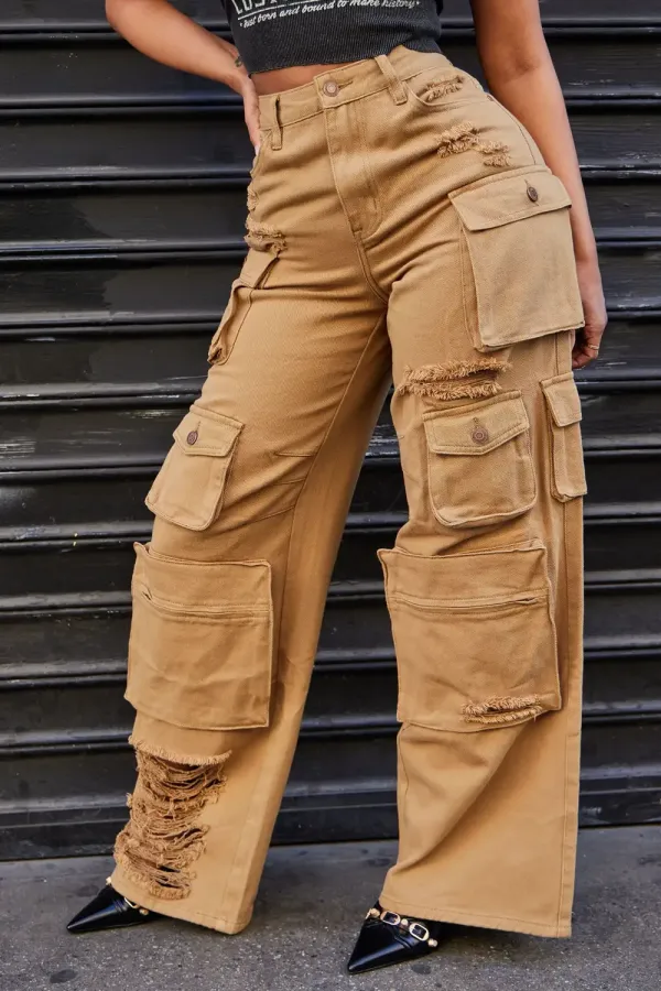 Lily High Rise Distressed Cargo Jeans - Olive
