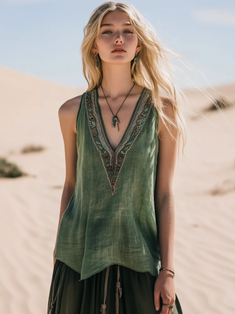 Women's Bohemia Ethnic Style Linen V-neek Sleeveless Top