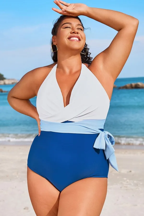 Colorblock Halter Wrap Design One Piece Swimsuit