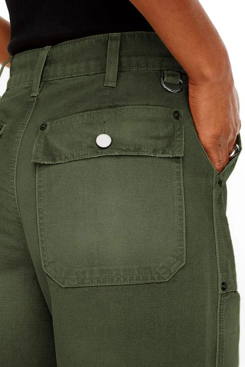 Flap Pocket Back Mid Waist Crop Pants Without Belt