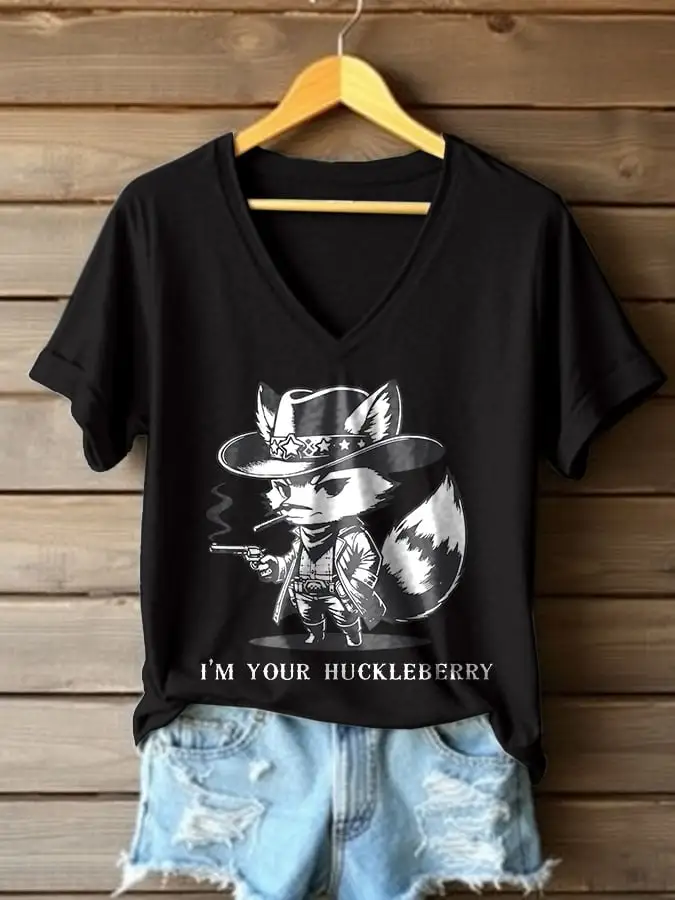 V-Neck Retro I'm Your Huckleberry Western Print T-Shirt