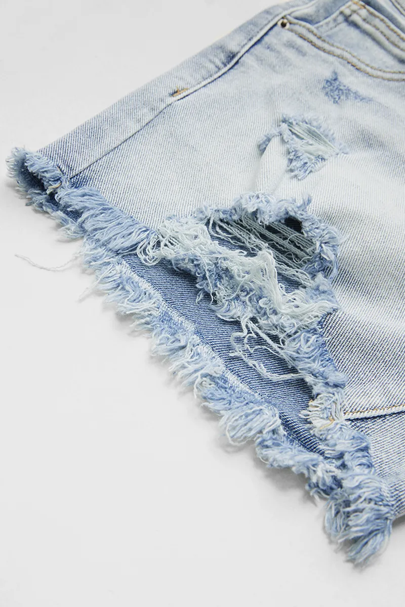Wash Ripped High Rise Denim Shorts Without Belt
