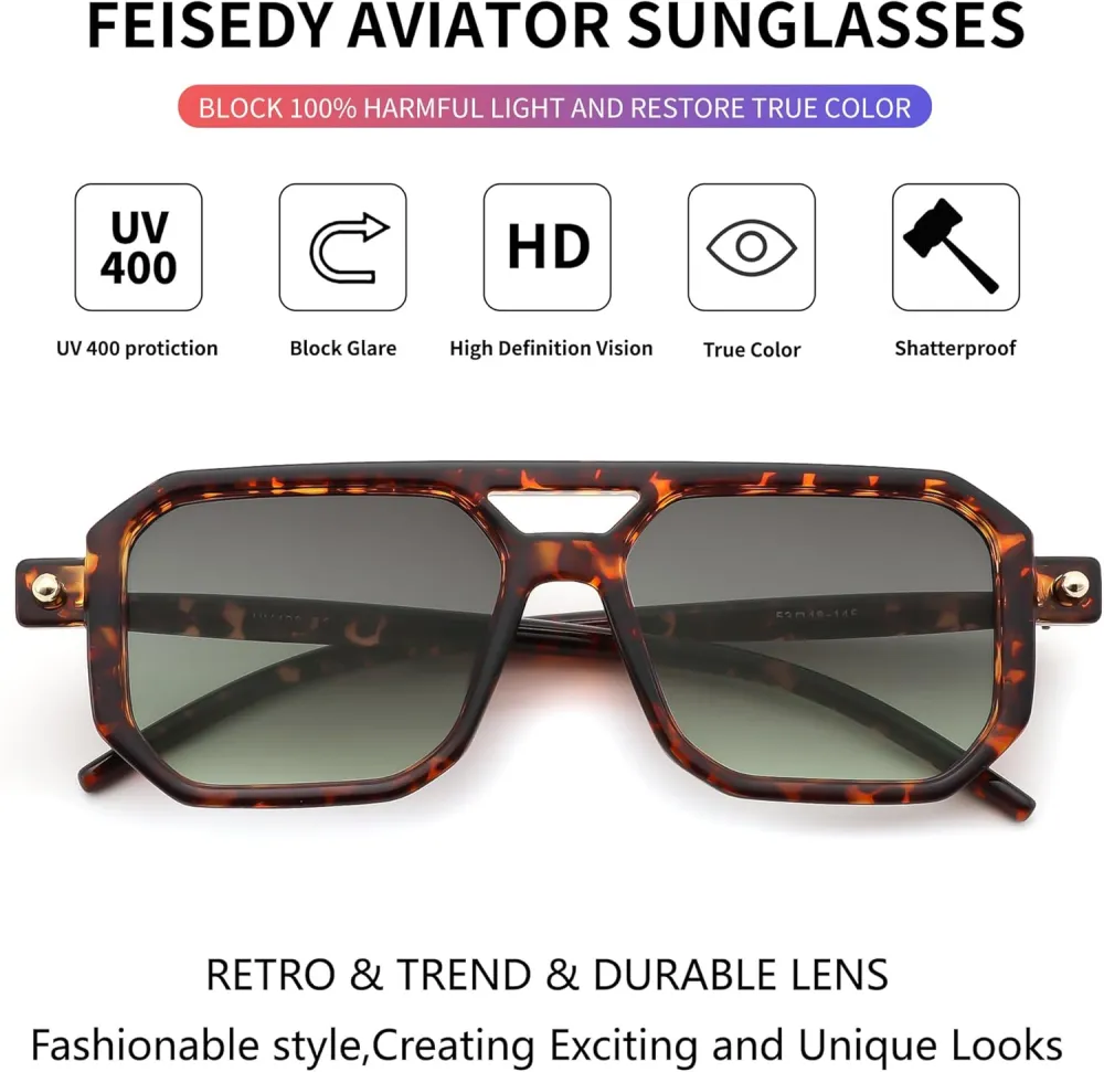 FEISEDY Vintage Square 70s Flat Aviator Sunglasses Women Men Classic Retro Stylish Frame UV400 Sunglasses B2622