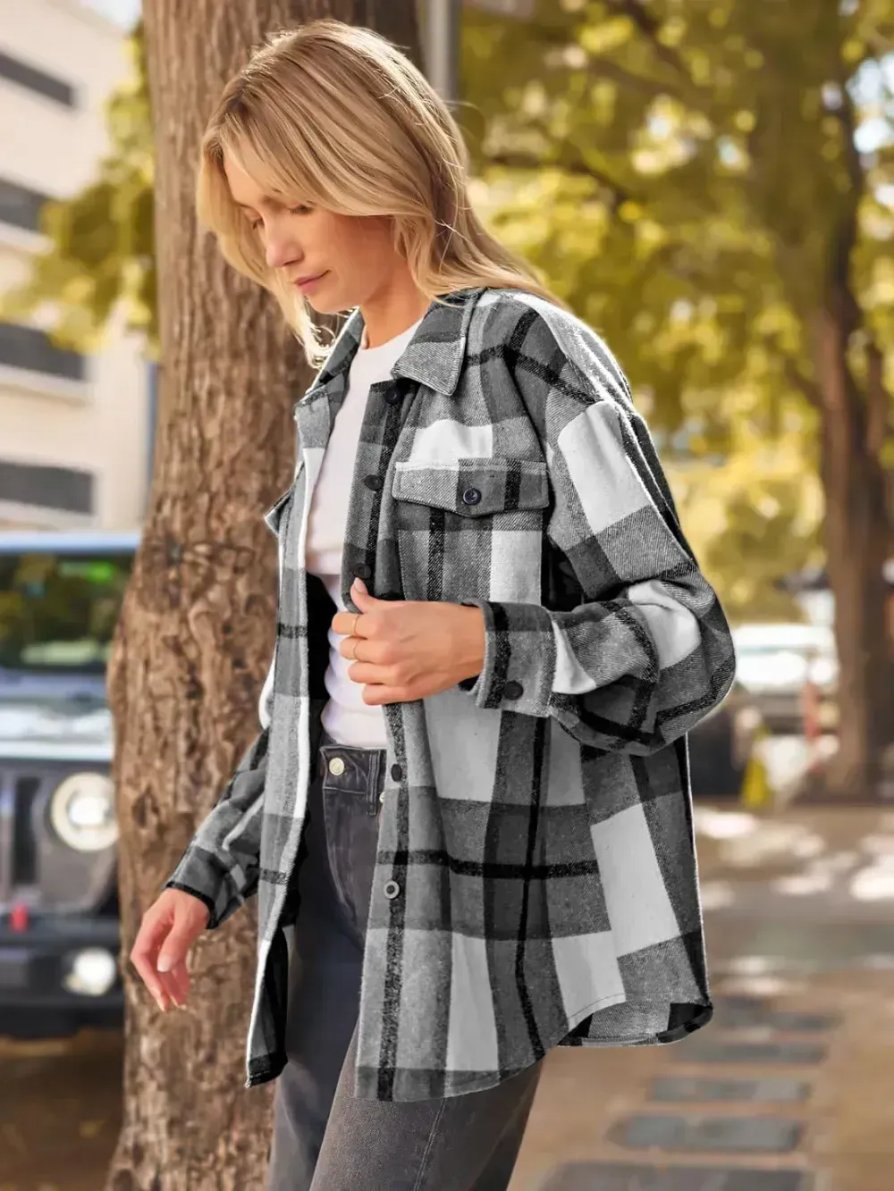 Womens Casual Plaid Shacket Button Down Long Sleeve Shirt