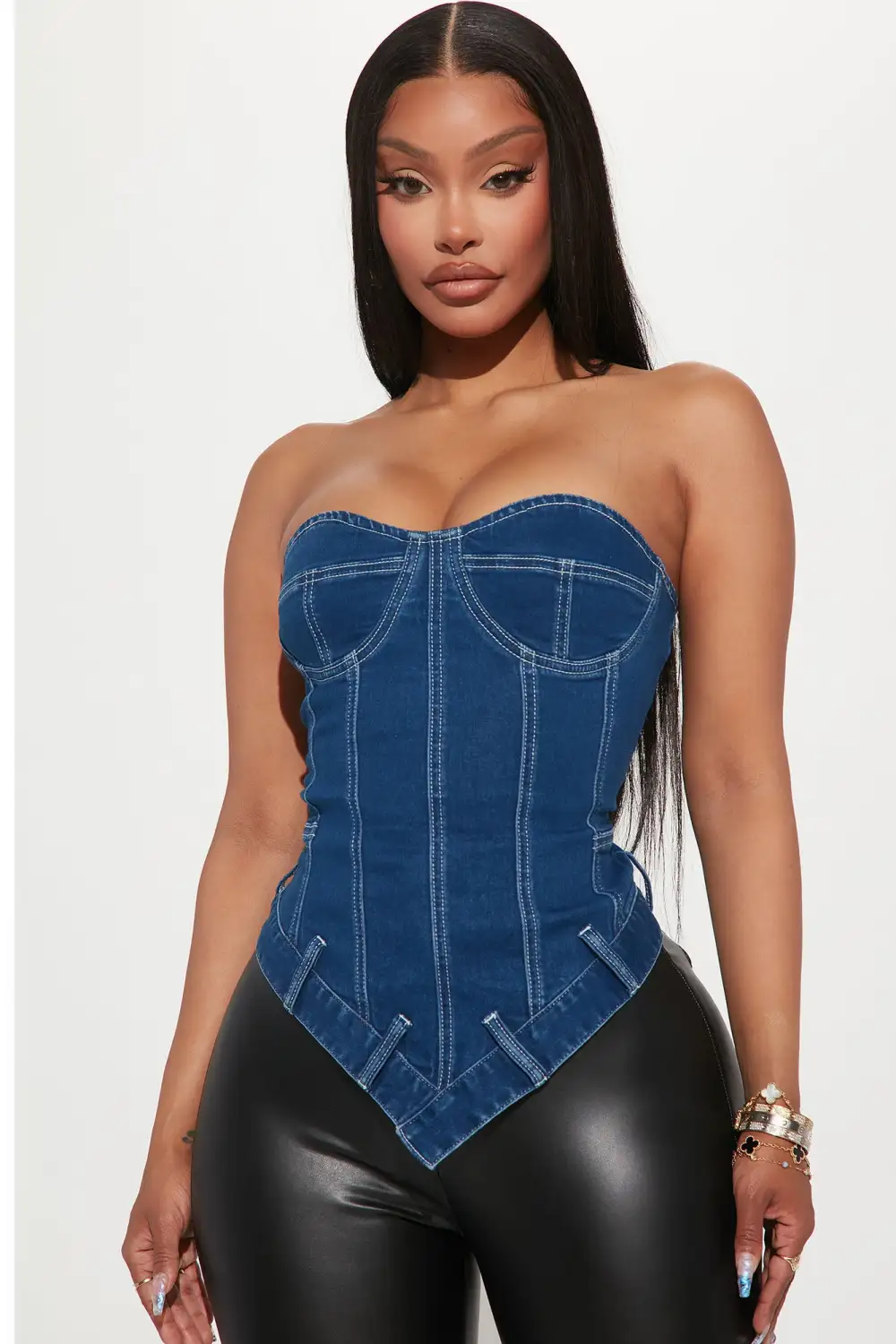 Tensions High Denim Corset Top - Medium Blue Wash