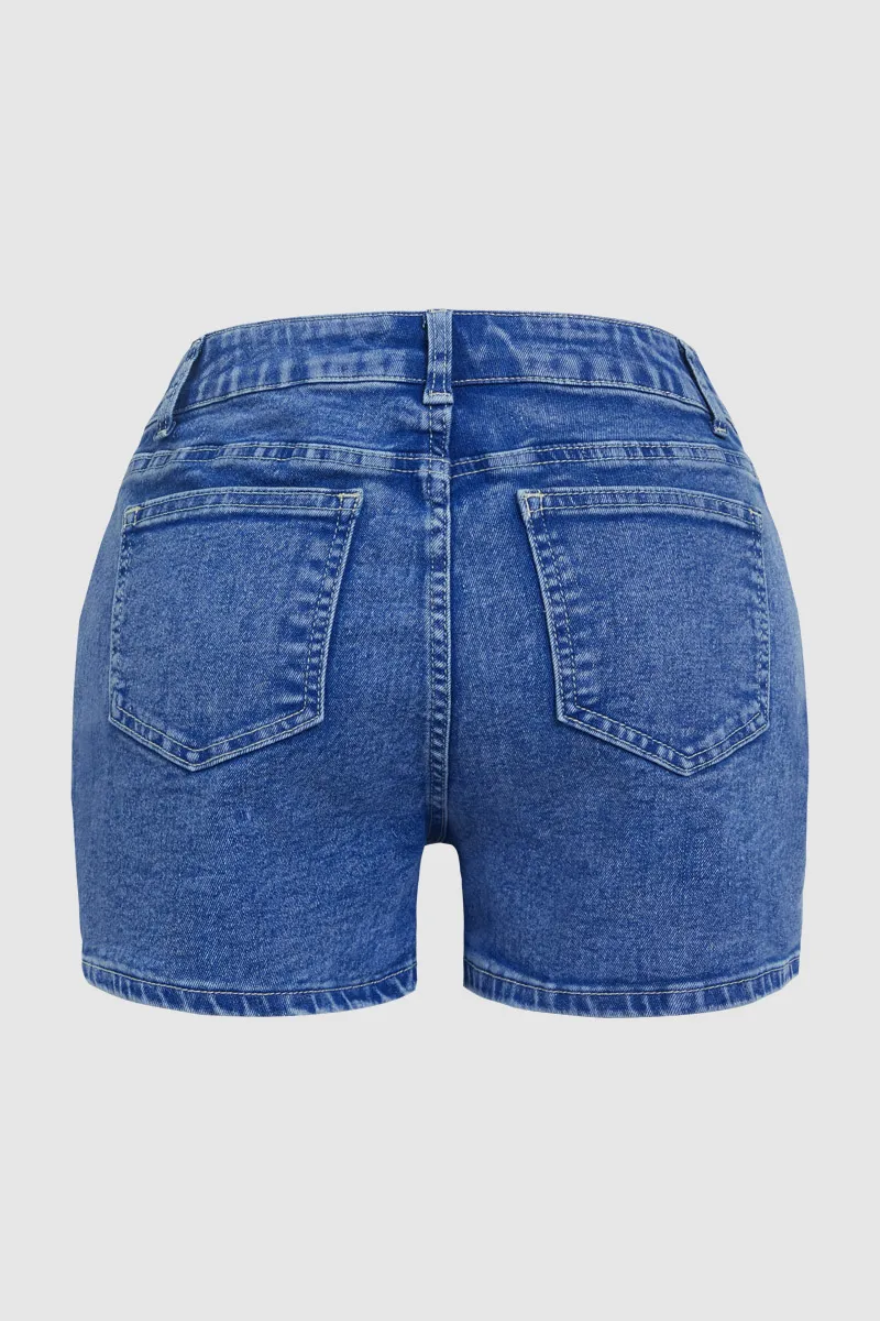 Wash Flap Pocket Front Mid Waist Denim Shorts