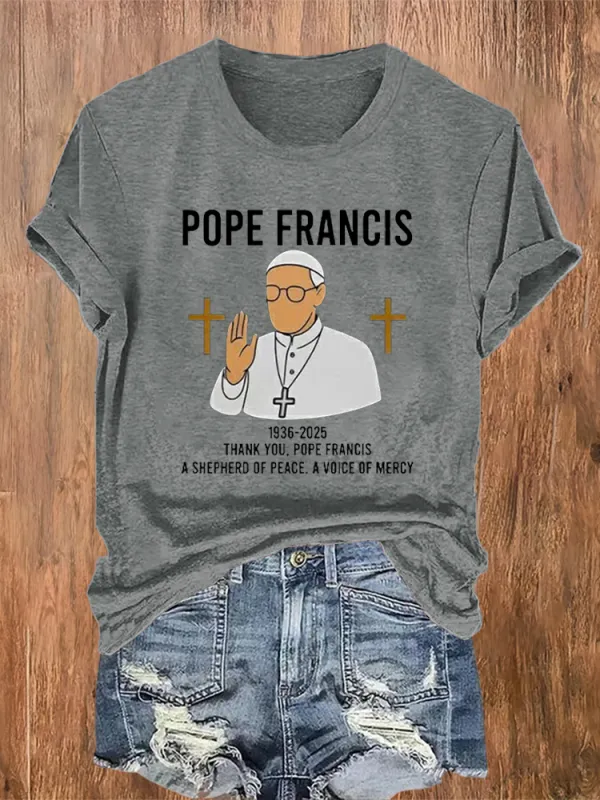 Women's Thank You PF A Shepherd Of Peace A Voice Of Mercy Print Short Sleeve Round Neck Cotton T-Shirt