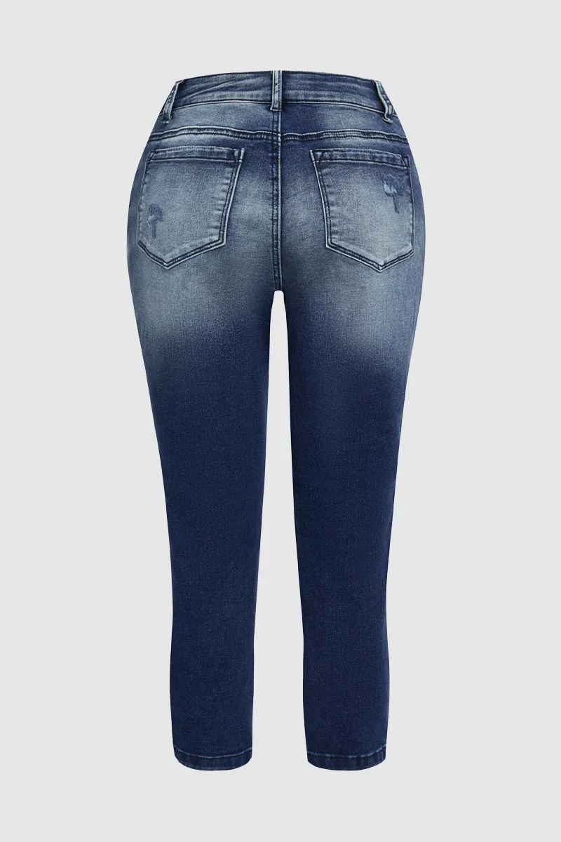 Cut Out Button Fly Roll Hem High Waist Capri Jeans