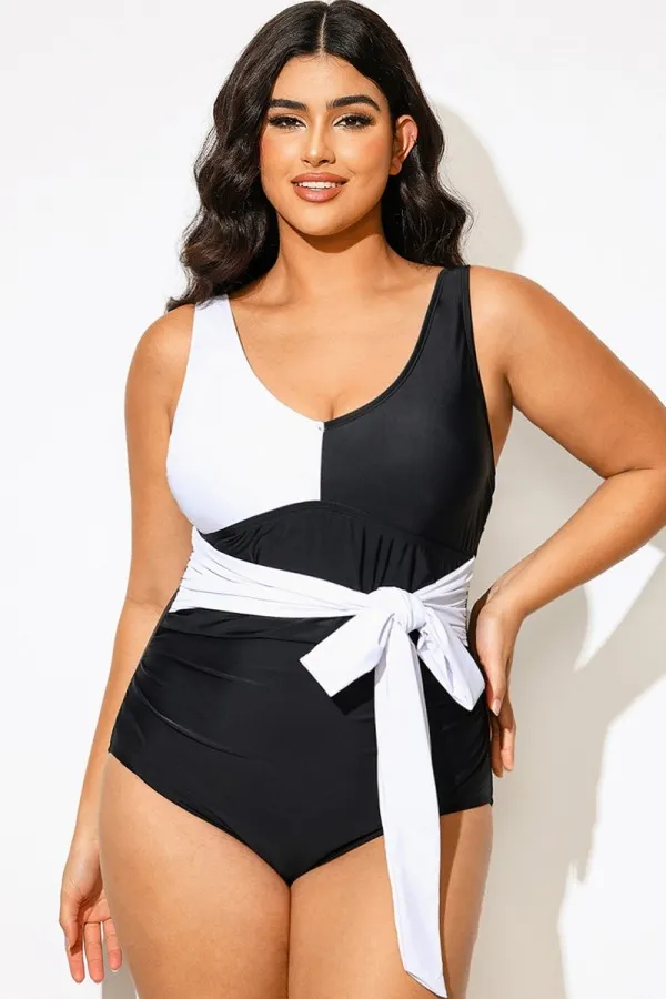 Black And White Adjustable Straps Self-tie One Piece Swimsuit