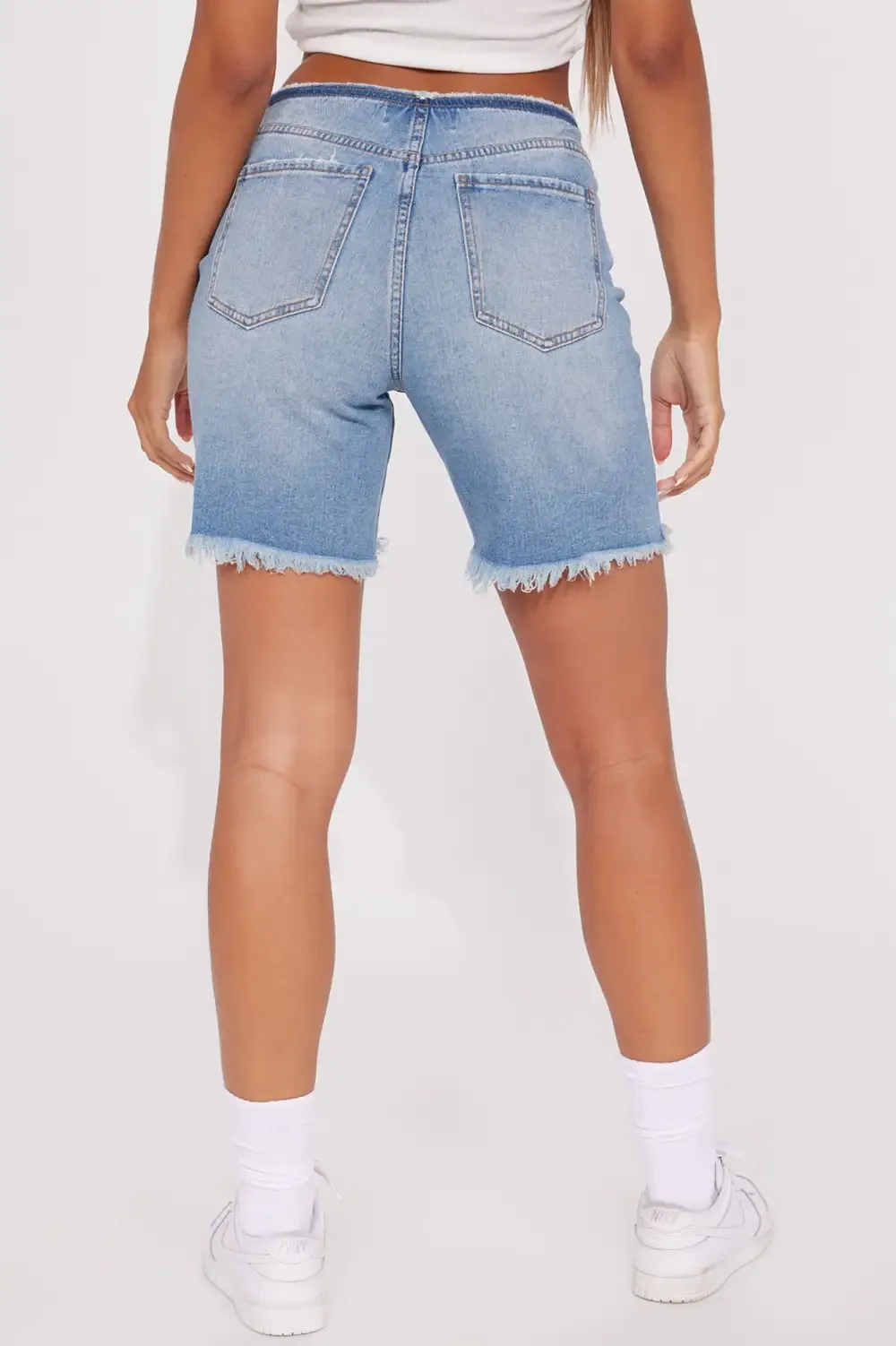Flaunting It Ripped Denim Bermuda Shorts - Vintage Blue Wash