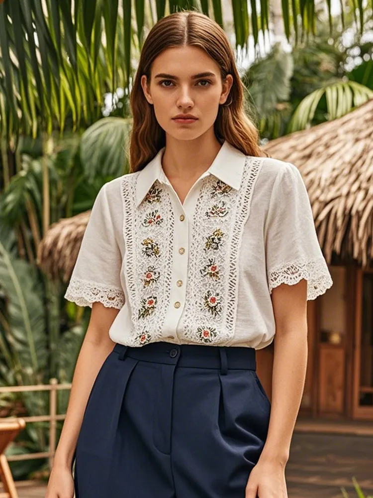 Elegant Lace Floral Embroidery Vintage Linen Blend Shirt