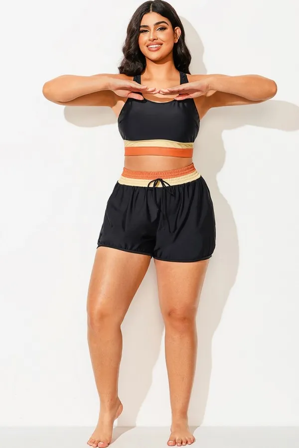 Plus Size Black Colorblock Mid Waist Women Shorts