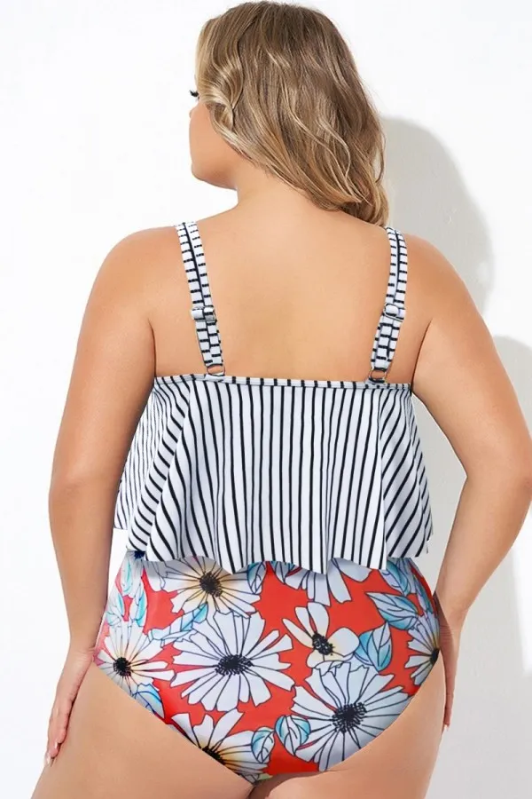 Striped Scoop Neck Ruched Flounce Blouson Tankini Top