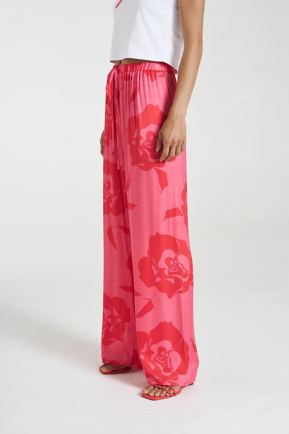 Pink Rose Print Soft Straight  Pants