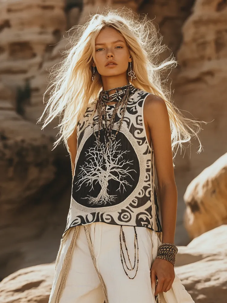 Women's Viking Tree Of Life Tribal With Celtic Knot Pattern Art Linen Sleeveless Top