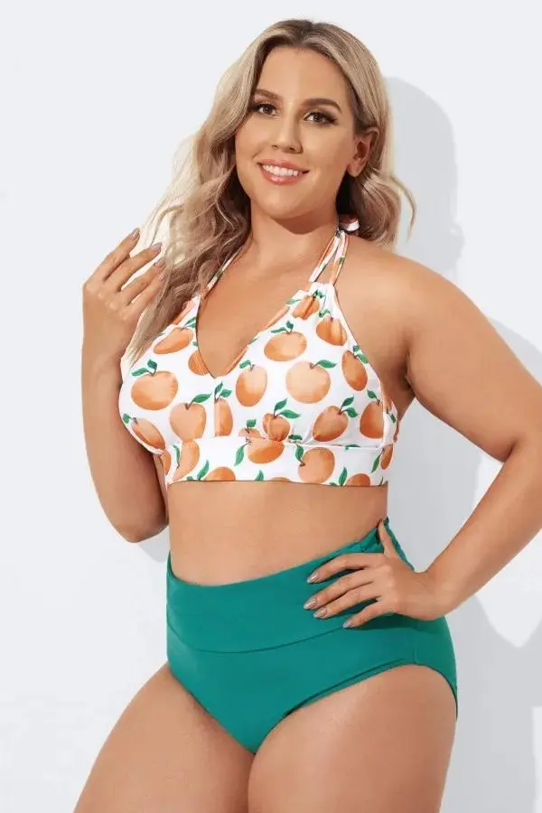 Fashion Fruit Print V-Neck Halter Bikini Set