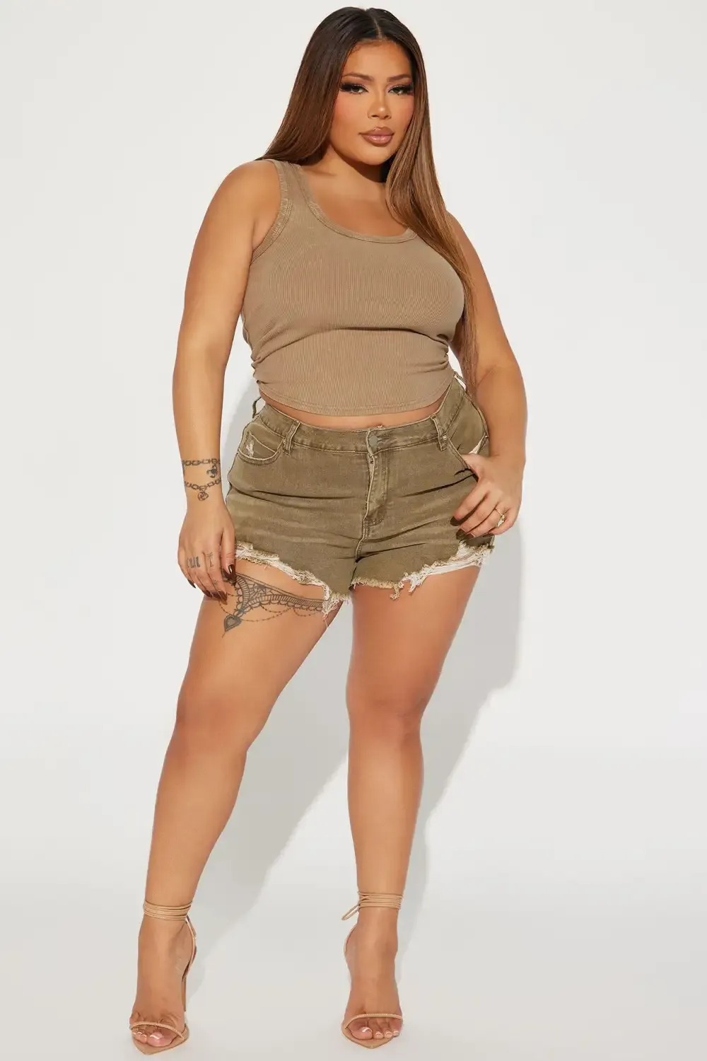 Get To You Stretch Denim Shorts - Olive
