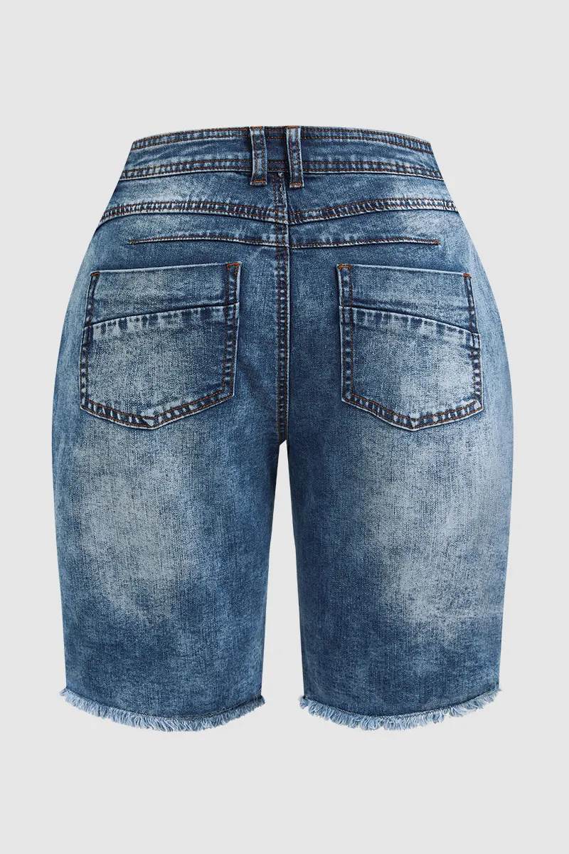 Button Fly Raw Hem Mid Waist Denim Mid Thigh Shorts