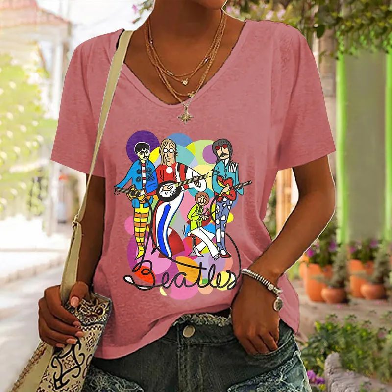 The Beatles Print V-neck Hippie T-shirt