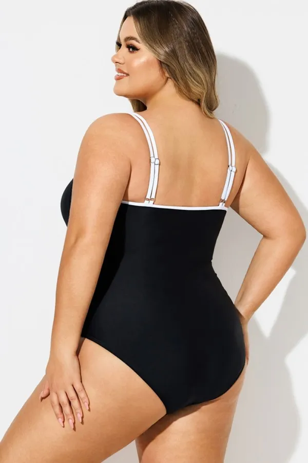Plus Size Black & White Mesh One Piece Swimsuit