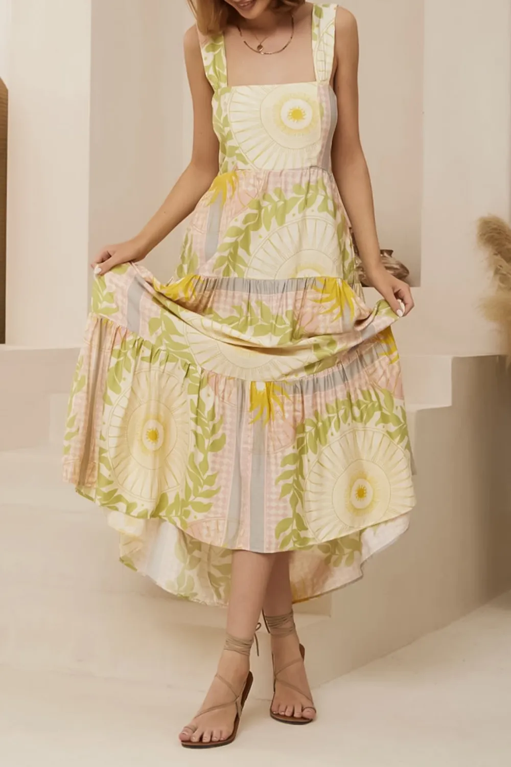 Yellow Green Floral Print Tiered Maxi Dress