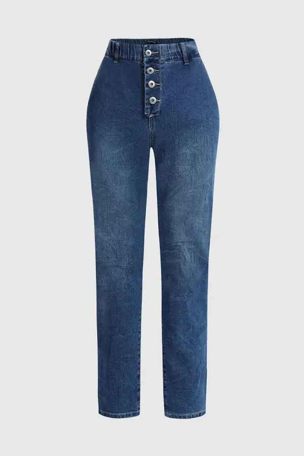 Button Fly Slant Pocket Mid Rise Straight Leg Jeans