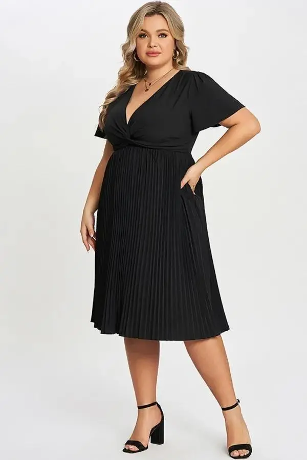 Black Knot Front Pleated Skirt Long Dress