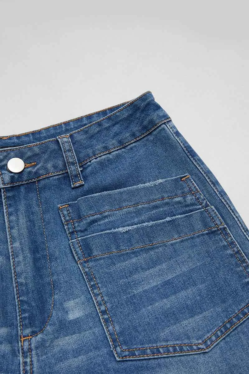 Wash Stitch Detail Raw Hem Wide Leg Mid Rise Jeans