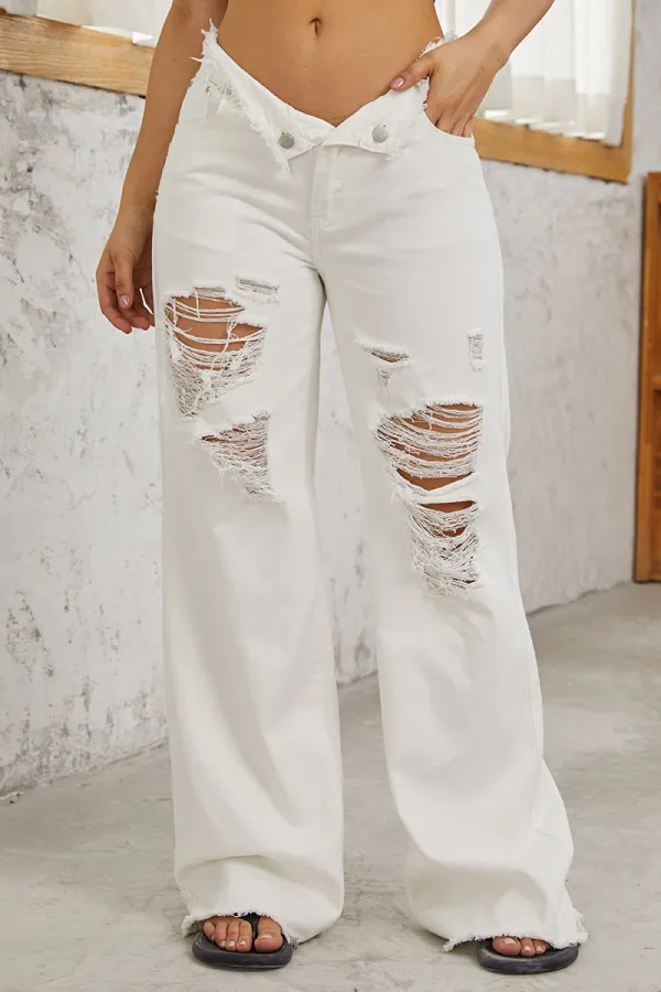 Cut Out Raw Hem Mid Waist Wide Leg Jeans