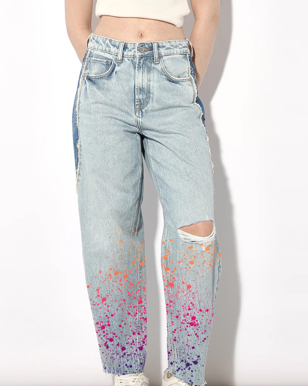 Light Blue Distressed Splatter Print Jeans