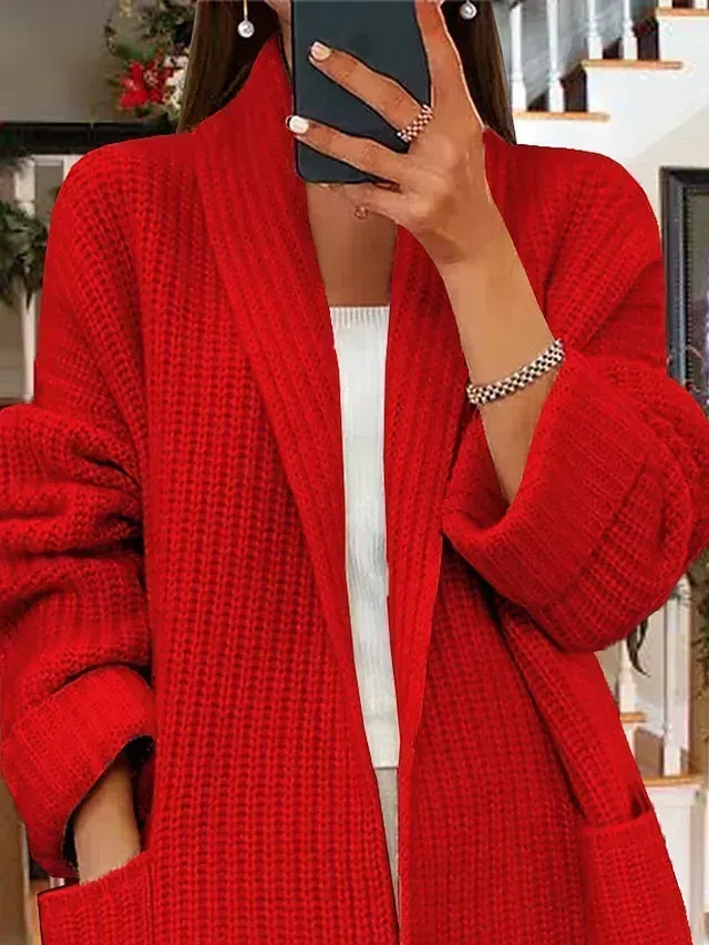 Women‘s Christmas Cardigan Coat Shirt Collar Ribbed Knit Polyester Knitted Front Pocket Fall Winter Long Outdoor Holiday Xmas Going out Stylish Casual Soft Long Sleeve Pure Color Red Green S M L