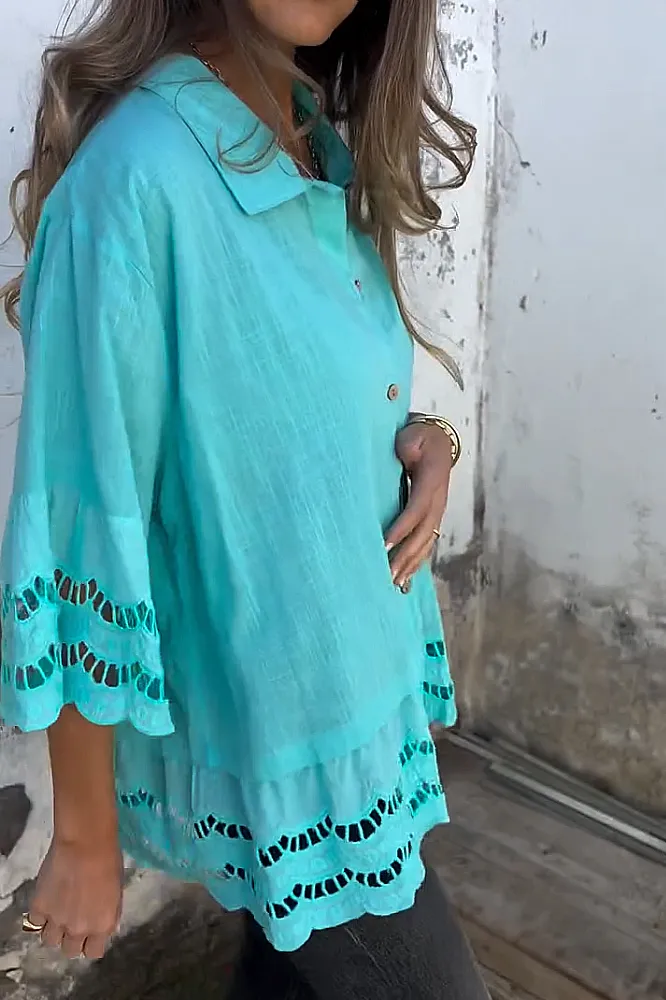 Women's solid color cotton and linen hollow out shirt