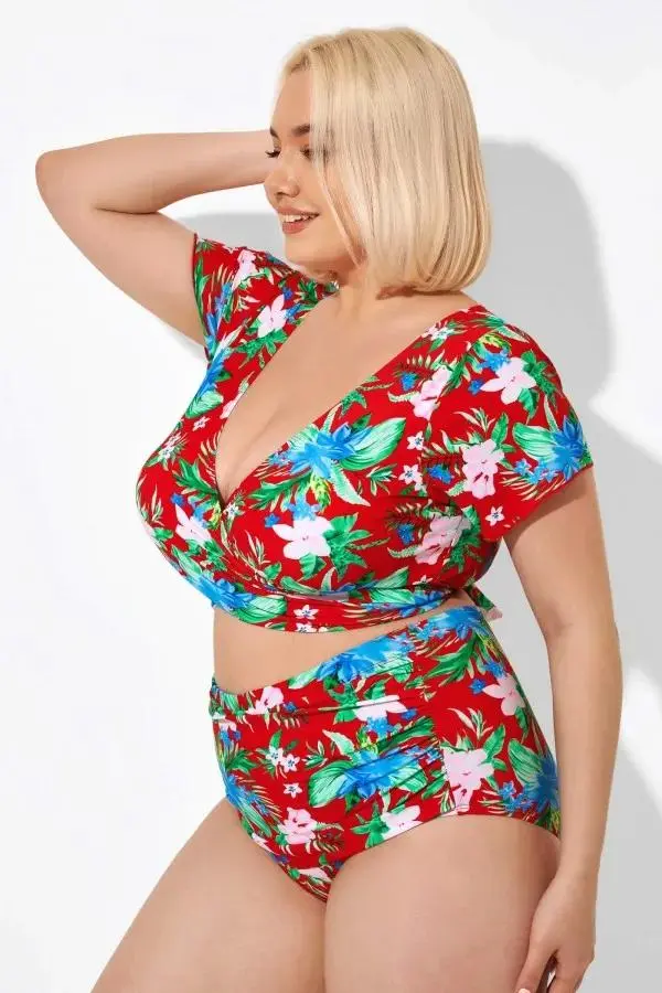 Flower Printed V-neck Bikini Top with Sleeves