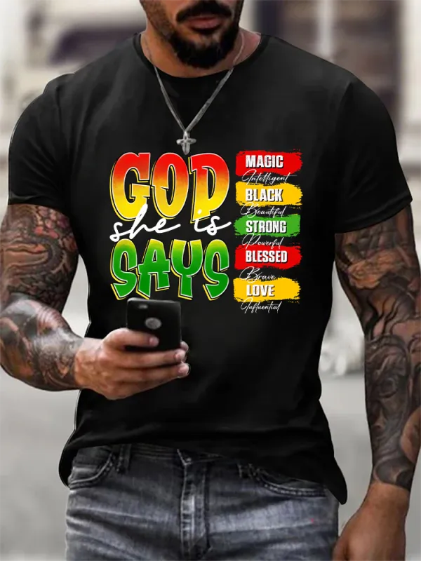 Men'S Round-Neck Short-Sleeved T-Shirt With God Says Magic Black Strong Blessed Love Prints