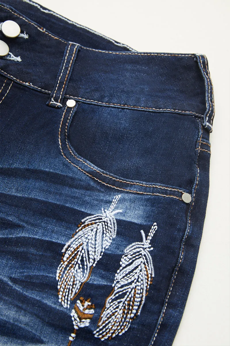 Feather Embroidery Split Hem Mid Waist Bootcut Jeans
