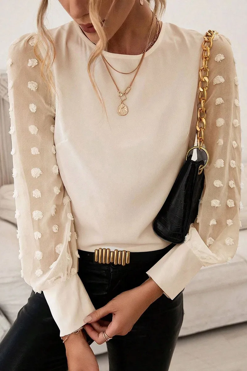 Swiss Dot Lantern Sleeve Keyhole Back Blouse