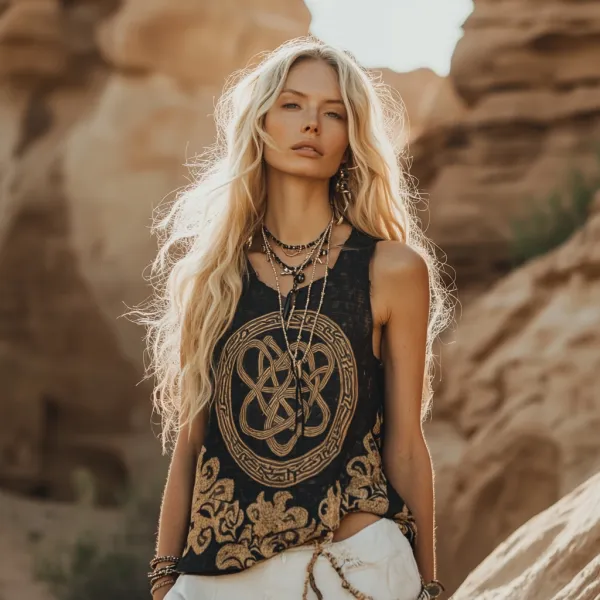 Women's Viking Tribal Ethnic With Celtic Knot Pattern Art Linen Sleeveless Top