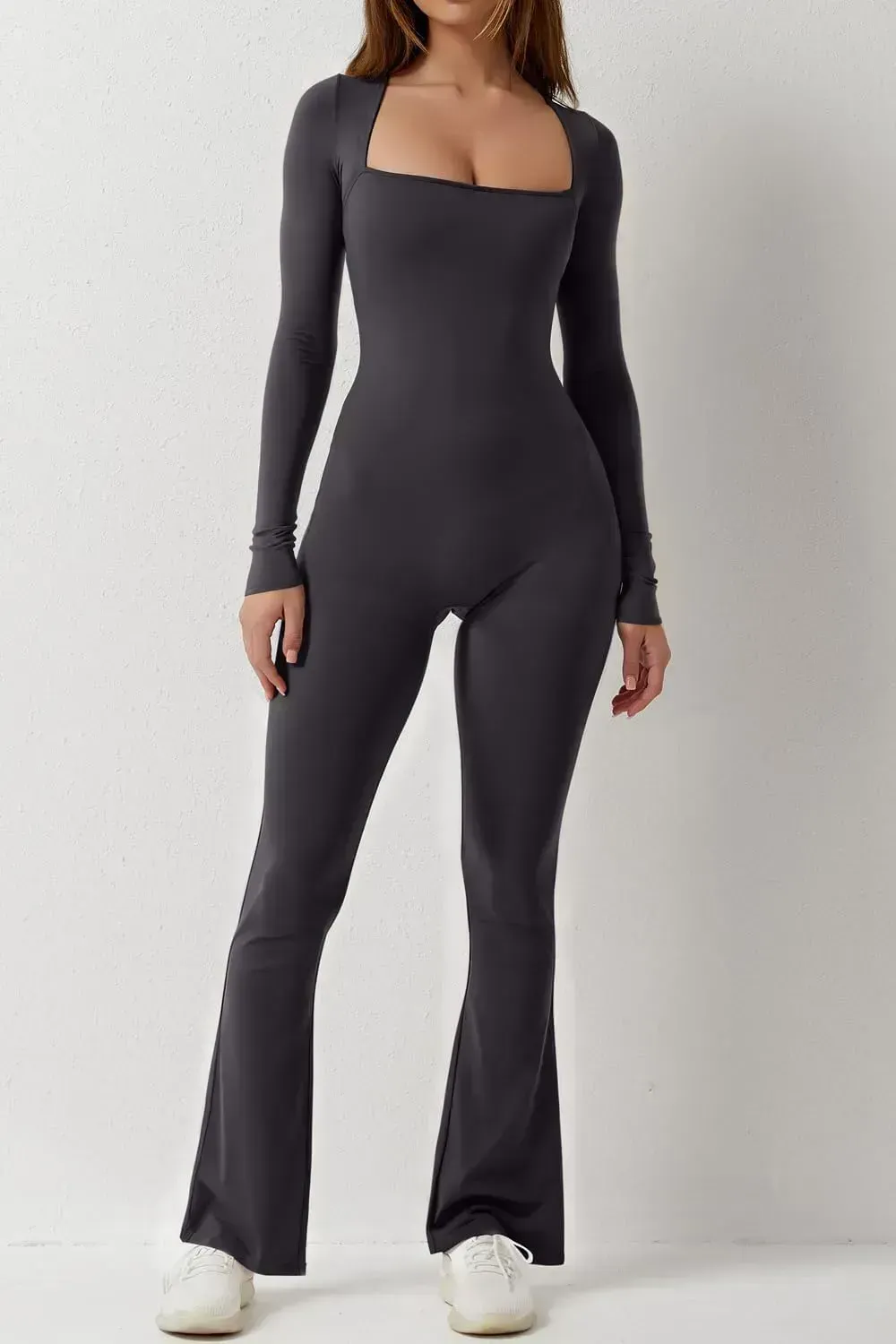 Long Sleeve Jumpsuits for Women Square Neck Wide Leg Full Length Romper Playsuit