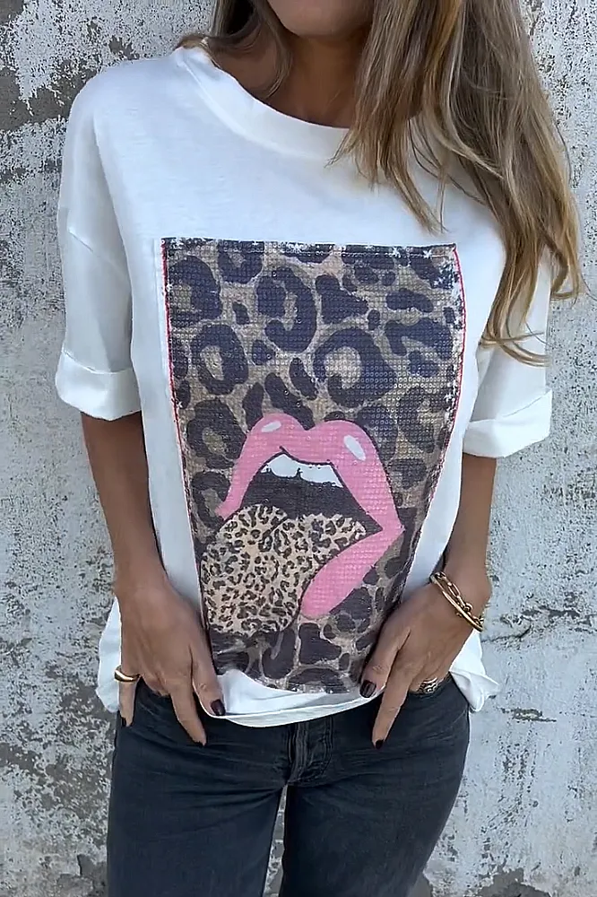 Women's leopard print lip pattern casual T-shirt