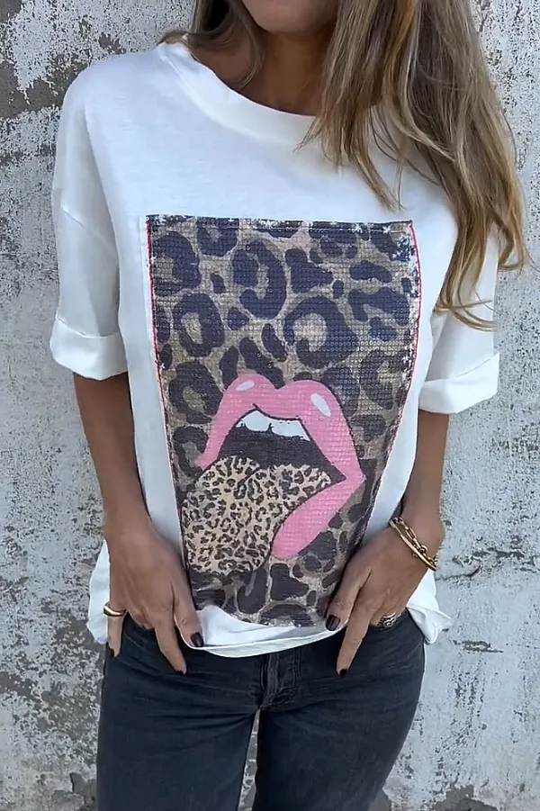 Women's leopard print lip pattern casual T-shirt