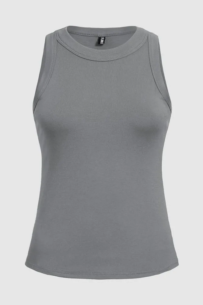 Solid Rib-Knit Round Neck Tank Top