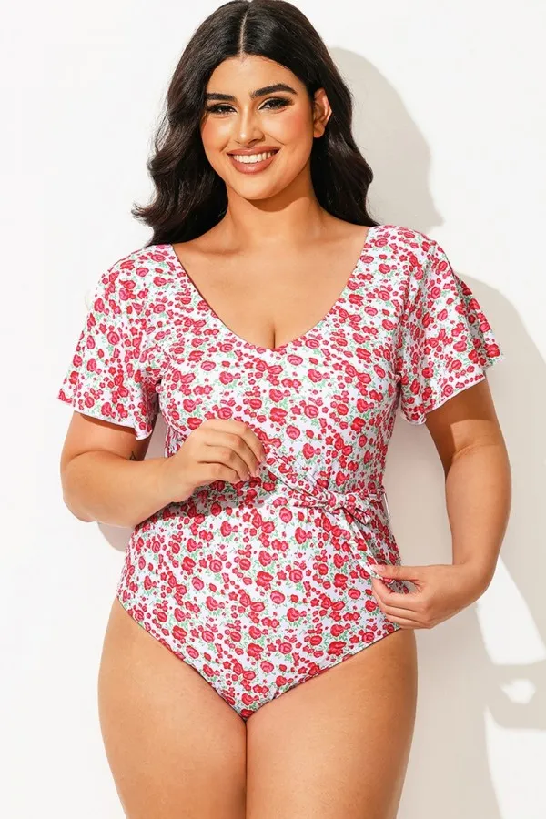 Floral Printed One Piece Swimsuit With Sleeves