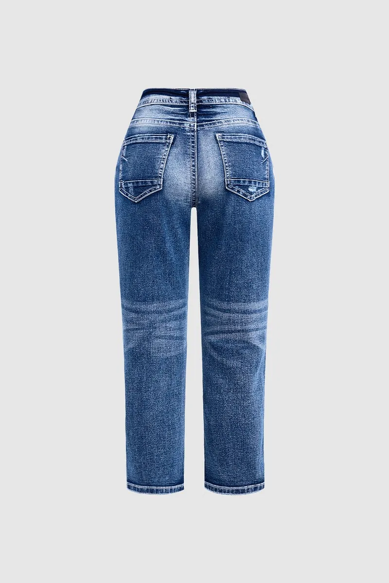 Wash Stretchy Ripped Detail Low Waist Capri Jeans