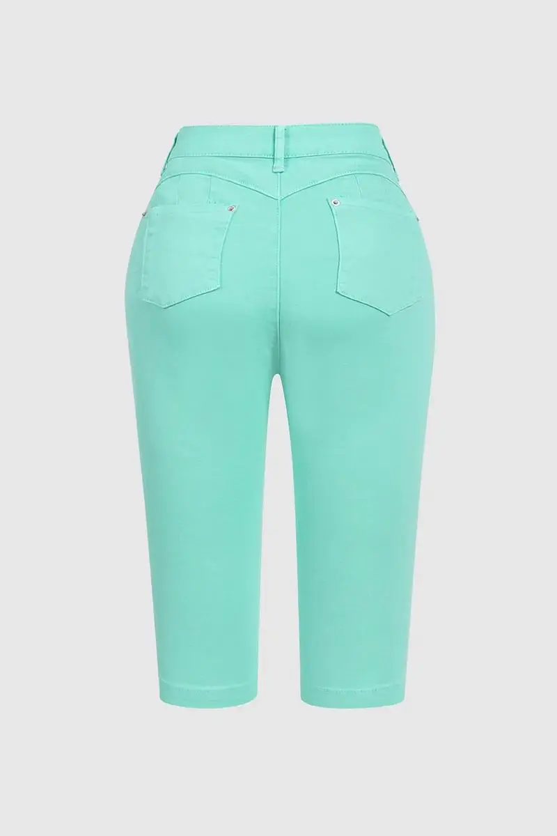 Solid Stretchy Button Fly High Waist Capri Jeans