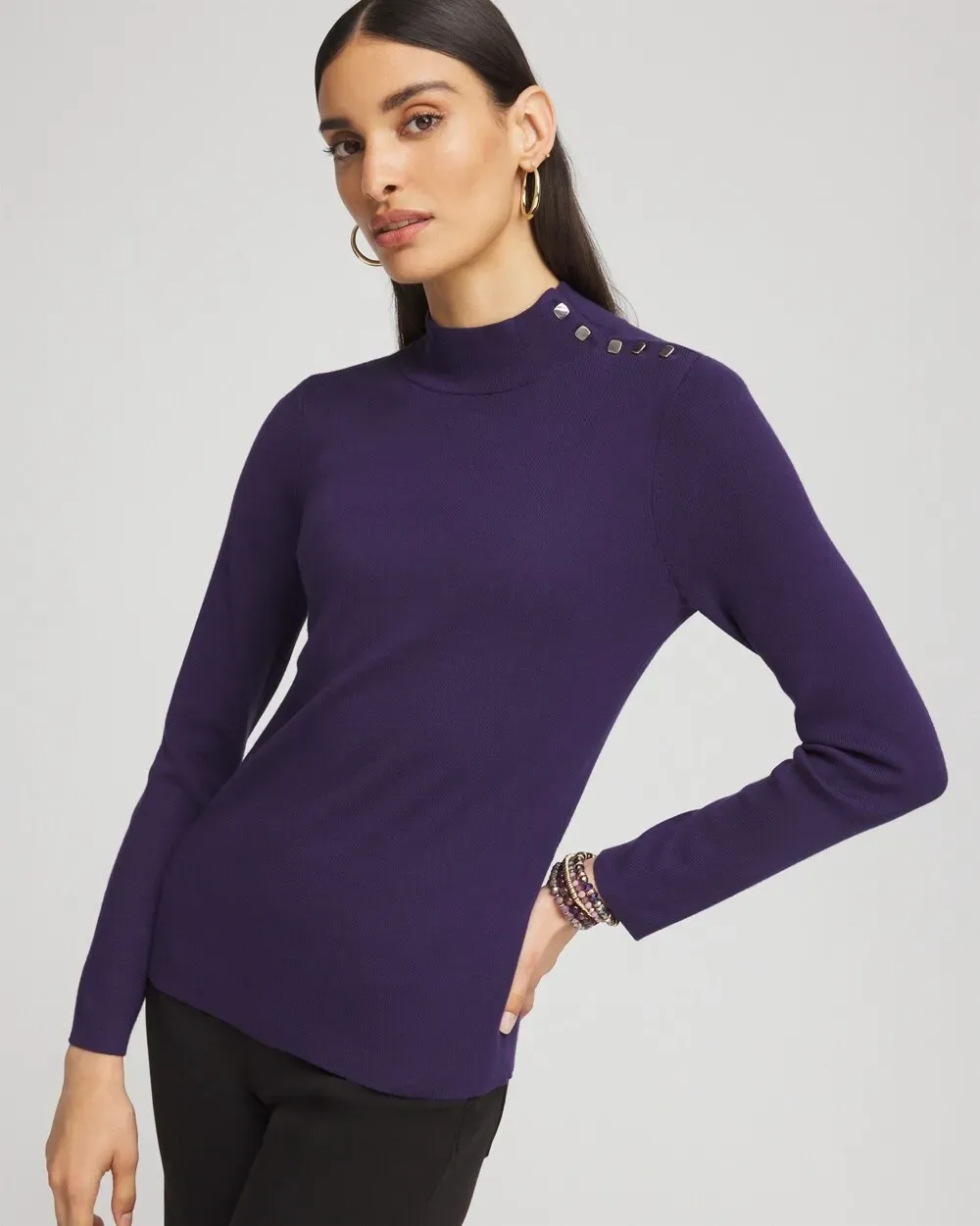 EcoveroTM Button Mock Neck Sweater