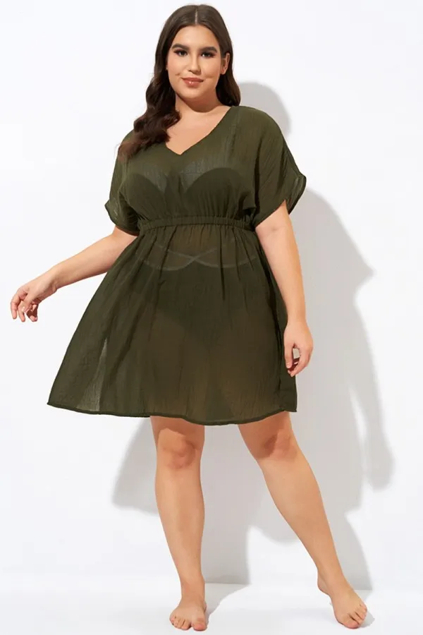 Dark Green V Neck Elastic Waisted Cover Up