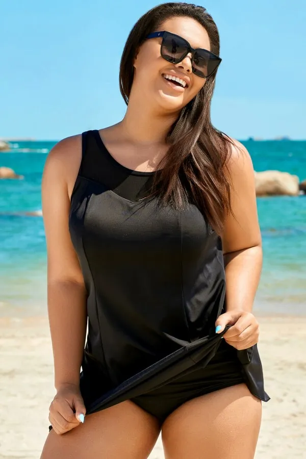 Multi Abstract Print Mesh High Neck Swimdress