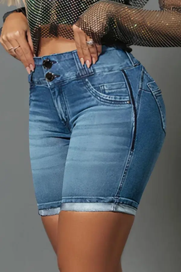 Double Button Roll Hem High Waist Denim Mid Thigh Shorts